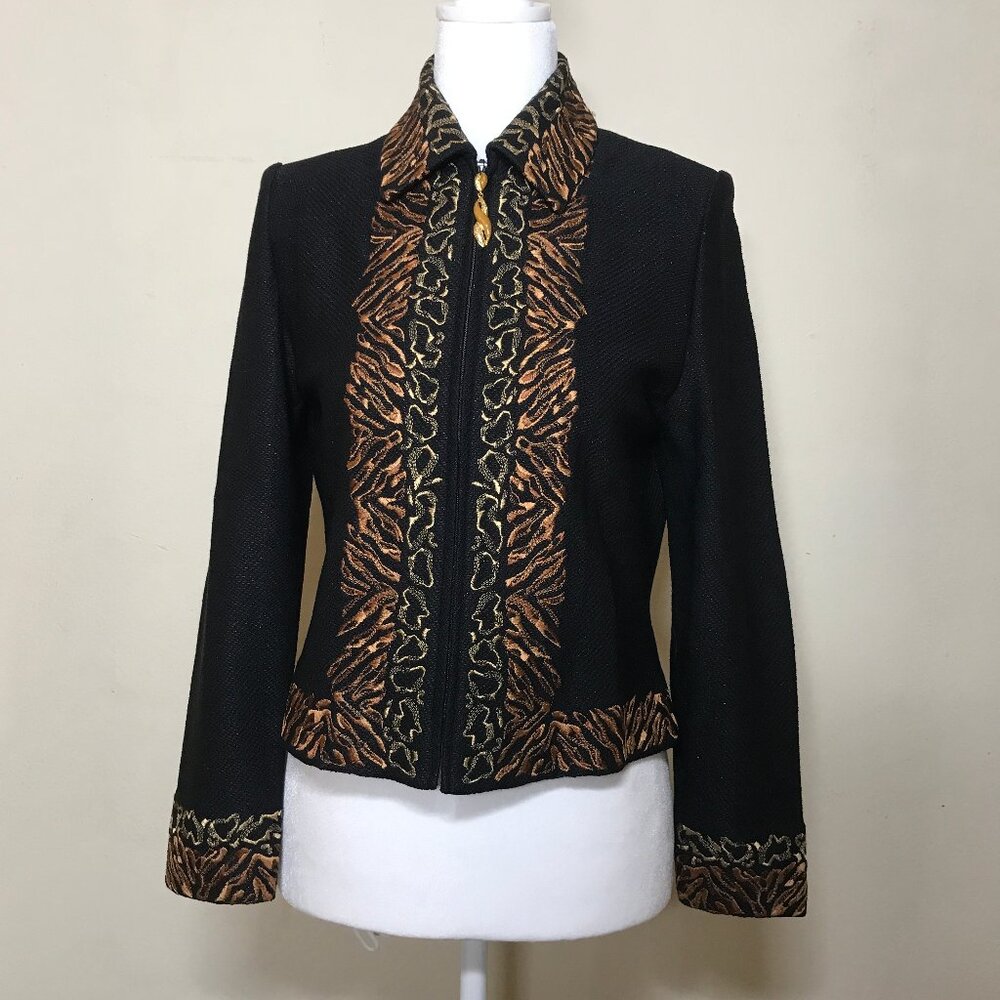 St. John Collection Sz 4 Santana Knit Zip Front Jacket Embroidered Abstract Trim